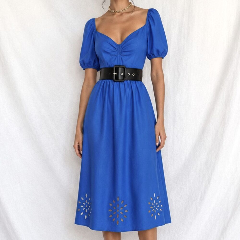 Vintage Y2K Blue Puffy Sleeve Cutout Sweetheart Babydoll Shift Midi Dress Size M